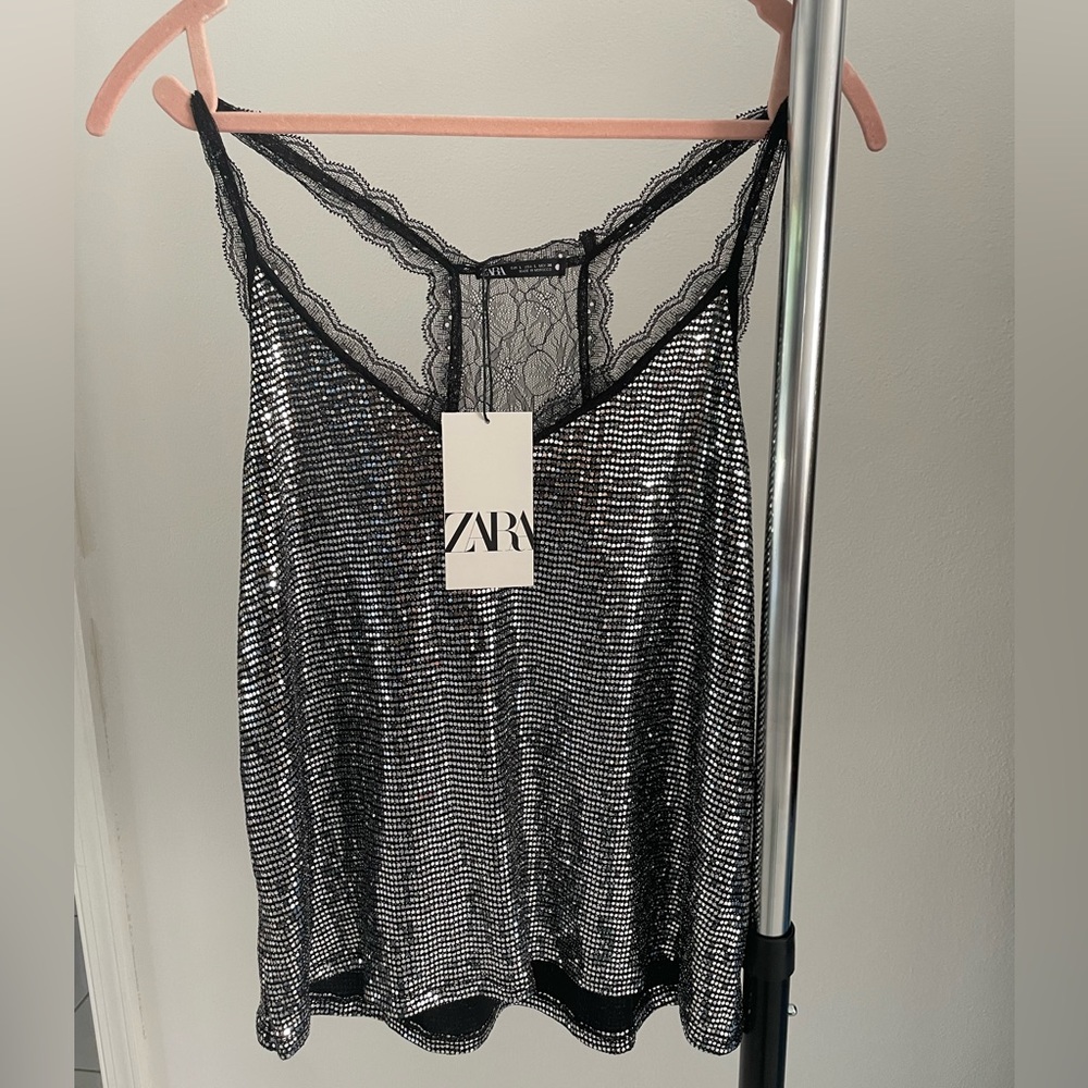 Zara - Sequin Motel Rock Tank with Lace Trim - Size L - NWT